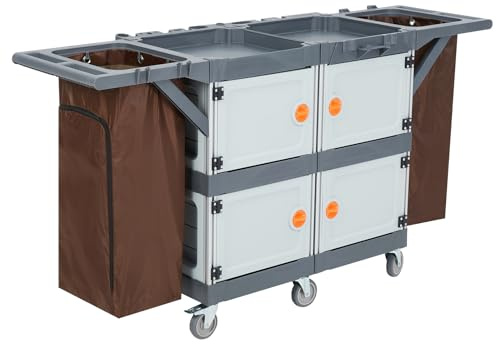 Putzwagen Reinigungswagen,Kommerzieller Reinigungswagen mit 4 Schränken 3 Ablagen und Grosser Vinyltasche Servierwagen mit 6 Rollen 136 kg Reinigungstrolley für Hotel Büro und Krankenhaus