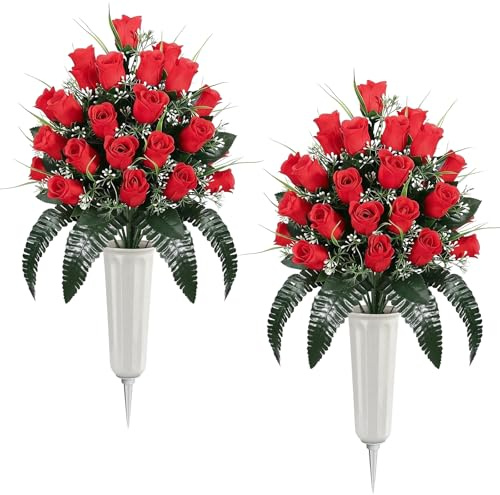 Lewondr Artificial Cemetery Flowers with Vase for Grave, Red Roses, 2 Pack | UV Resistant, No Watering Needed, Fade Proof, Silk Rose Bouquet, Memorial Day Flowers for Graveyard Outdoor Decoration