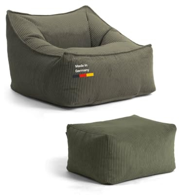 mokebo Sitzsack Sessel mit Hocker aus Cord 'Der Lümmel' (83x73x60 cm) Made in Germany, XXL Sitzsack, Cord Sessel, auch als Riesensitzsack für Wohnzimmer und Wintergarten in Grün