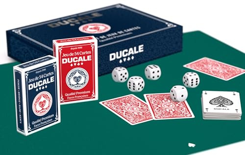 DUCALE Origine - Coffret de Jeux de Cartes et Accessoires, 2 Jeux de 54 Cartes + 5 dés + 1 Tapis néoprène 40x50 cm