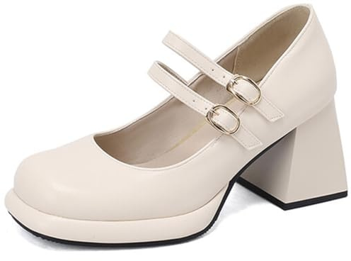 Damer Mary Jane pumps kvadratisk spets dubbla remmar platå stor blockklack för fest kontor och kvällsevenemang PU-läder bekväm elegant, Beige, 41 EU