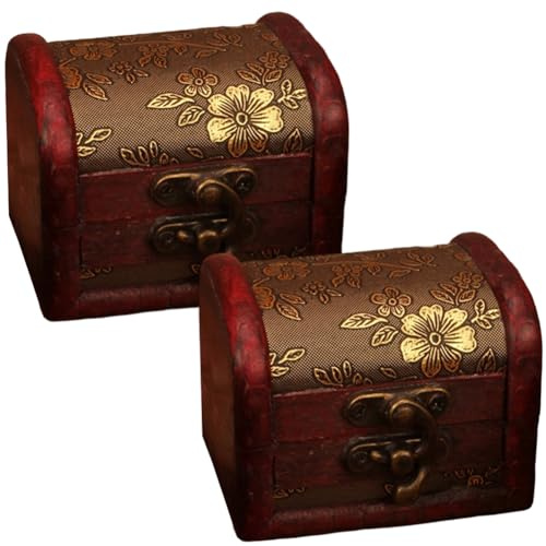 CALFOVERA 2 x vintage miniatyrförvaringslåda i trä, 8 x 6,5 x 6 cm, för smycken och bibelots i retrostil dekorativ skattkista liten förvaringslåda för europeiska piratsmycken.
