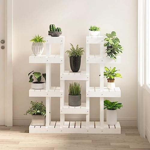 IBUQDDV Pflanzenständer aus Massivholz Kiefer Weiß 104,5x25x109,5 cm mit mehreren Ablagen, stabiler Holzrahmen für Innen und Außen, rustikales Design Pflanzenregal zur dekorativen