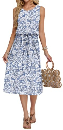 AUSELILY Robe d'été Mi Longue Femme sans Manches Robe Fluide Casual Légère avec Fente Devant et Poches Chic Élégant pour Été
