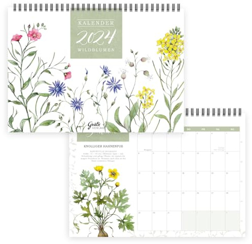 Tischkalender 2024 zum Aufstellen I Mit Liebe zum Detail gestaltet von Sophia Drescher I Stehkalender mit Wildblumen-Motiven für Büro oder Zuhause