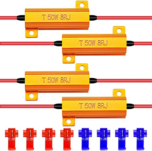 KATUR 4pcs 50W 8ohm LED Load Resistors for LED Turn Signal Lights or License Plate Lights or DRL - Fix Hyper Flash, Warning Cancellor with 8pcs Quick Wire Clip