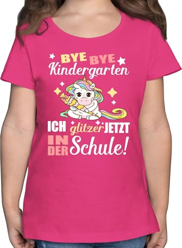 T-Shirt Mädchen - Einschulung - Bye Bye Kindergarten - Einhorn - 128 (7/8 Jahre) - Fuchsia - schuleingang Geschenke Shirt Schulkind schulanfänger Schule Tshirt gastgeschenke Schulanfang
