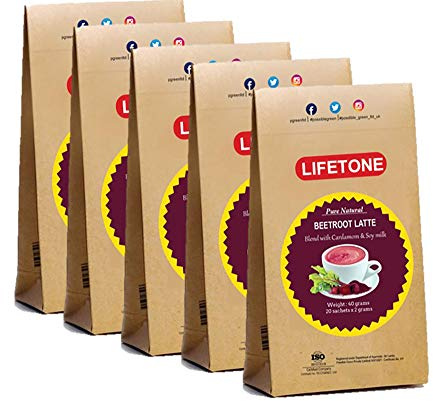 lifetone the tea for better life, Rote Beete Latte | mit einem Hauch von Kokosmilch Kardamom | A Supper Food Detox Drink | 100% natürlich aus Tropic | 100 Sachets | Packung mit 5 Stück
