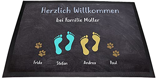 Fußmatte personalisiert Familie & Haustiere – individuelle Eingangsmatte 60x40 cm mit Namen, Pfoten & Motiven – personalisierte Familien-Fußmatte für Haustür, Hundebesitzer & Geschenkidee