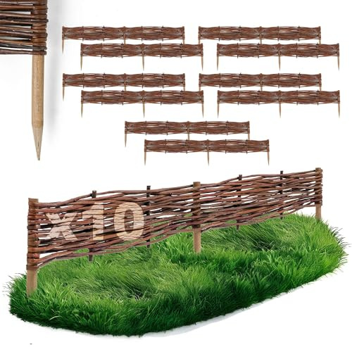 10 x BOGATECO Beeteinfassung aus Weide | 100 cm Lang & 10 cm Hoch | Holz-Zaun Rasenkante | Weiden-Zaun Steckzaun Perfekt für den Garten als Weg-Abgrenzung | Gartenzaun Weidezaun Zaunelemente