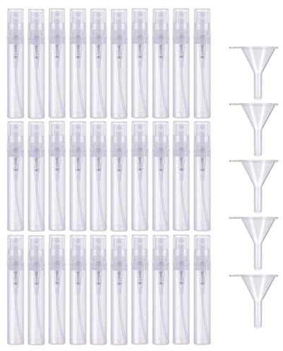 Lahviuu Mini Flacone Spray,30 pezzi 5ml Plastica Trasparente Atomizzatore Di Profumo Viaggio Mist Spray Bottiglie, Spruzzatore per Feste in Viaggio Strumento Cosmetico Portatile(con 5 imbuti)