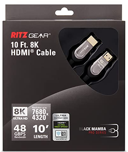 8K HDMI 2.1 Cable 10 ft. by RitzGear. 48 Gbps Ultra High Speed Braided Nylon Cord & Gold Connectors - 10K/8K@60Hz UHD Video/4K@120Hz/4K@60Hz/2K/1080P. Compatible with UHD TV/Monitor/PC/PS5/Xbox