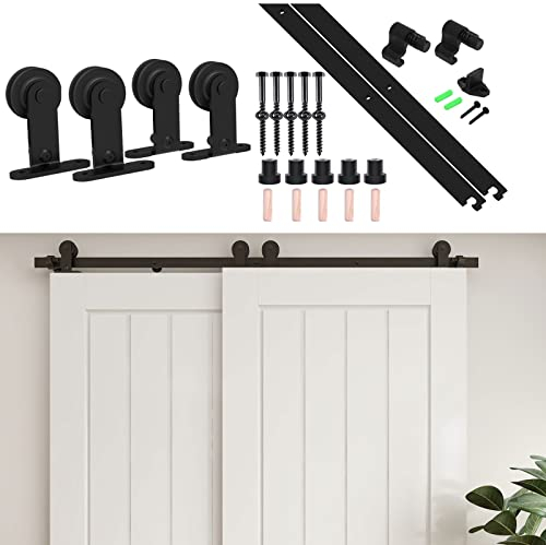 ETIASQSA Bypass Schiebetürbeschlag Doppeltür 182CM/6FT Schiebetürsystem Gleitschiene Lamellentür Schiebetür schiene Komplettset für 2 Holztür Tore T Shape Schwarz