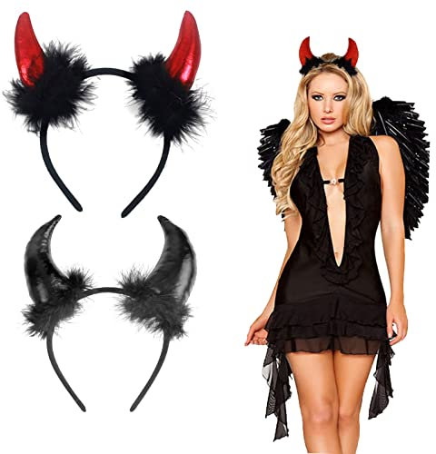 AOMAIGAD 2 StückeTeufelshörner Haarreif,Plüsch in schwarz rot - Teufelshörner,Karneval Halloween Party Kostüm Haarschmuck Stirnband Headwear Hörner