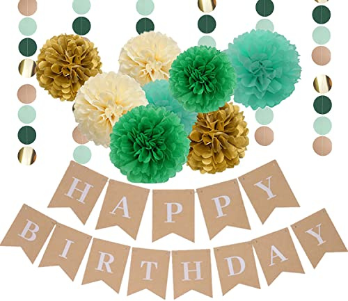 Joyeah Festone di compleanno con pompon in tessuto ghirlanda verde salvia oro decorazioni di compleanno per feste di compleanno decorazioni da giardino