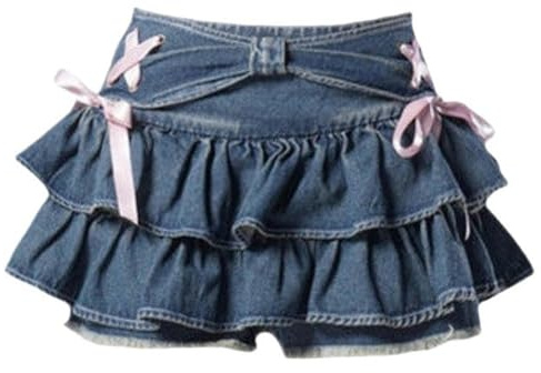Denim skirt mini female kawaii elastic waist A-line splicing cute sexy ruffled jeans skirt shorts summer-Blue-S