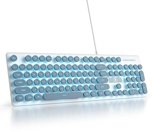 Sólido Teclado de Membrana 100%,104 Teclas Punk Máquina de Escribir Retro,Teclado de Membrana de Teclas Redondas,con Cable USB para PC/Win/Mac/Ordenador portátil(Americano QWERTY)(V300 Blue)
