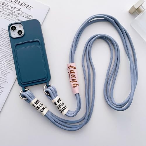 FIFTHAVE Handykette Handyhülle iPhone 13 pro max Necklace Hülle mit Band Schutzhülle mit Kartenfach iPhone 13 pro max Kordel zum Umhängen Weich TPU Silikon Bumper Case Schnur Cover 6.7'' Graublau