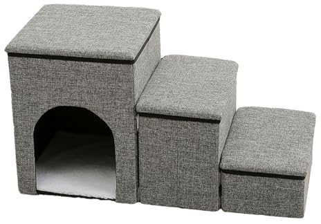 Hundetreppe 3 Stufen mit Höhle,Katzentreppe Faltbare Haustiertreppe mit Stauraum,Tiertreppe für Kleine Hunde Katzen,3-in-1 rutschfeste Haustierrampe für Sofa & Bett Grau