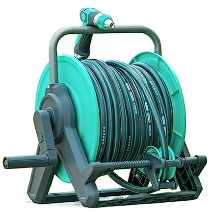 Hose Pipe Holder 30M/100Ft 1/2'' Hose Reel Rack with Hose Guide, Garden Washer Hose Reel Cart with Mounting Bracket, with 10 Pattern Sprayer Nozzle, Wall Mounted or Floor Standing Hose Pipe Hanger