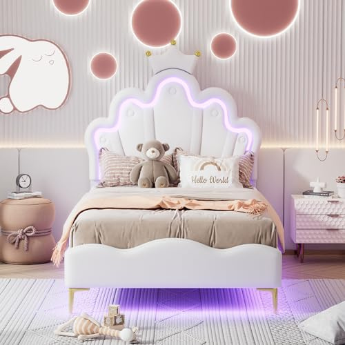 Zravenna Bett für Mädchen Prinzessin 90x200 cm Weiß, Einzelbetten Polsterbett, Jugendzimmer Jugendbett mit Kronenförmiges Polster Kopfteil & Weicher PU-Leder-Polsterung