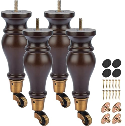 La Vane 22cm Massivholz Möbelfüße mit Lenkrollen M8 Bolzen 4 Stück Walnuss | Einfaches Bewegen Reinigung & Belüftung, DIY für Sofa Schrank Sessel Ottomane Liegestuhl, 200+kg Belastbarkeit, inkl Hardware
