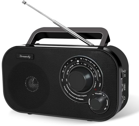 DreamSky AM FM Portable Radio Plug in Wall or Battery Operated for Home & Outdoor, Strong Reception, Large Dial Easy to Use, Transistor Antenna, Headphone Jack, Small Gifts for Seniors Elderly