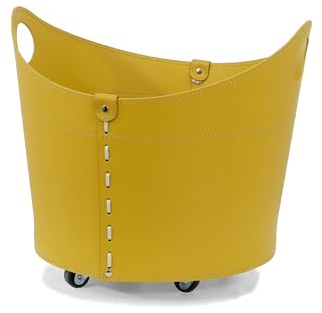 LIMAC Design CADIN Holzkorb aus Leder - Kaminholztasche - Kaminholzkorb - mit gummierten Rädern - hergestellt von Limac Design® (Ockergelb)