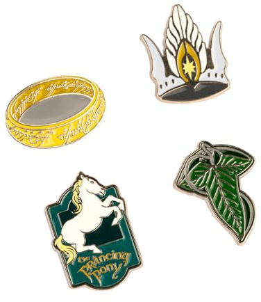 Grupo Erik Set of 4 Enamel Pins - The Lord of The Rings Gifts - Leaf of Lorien, One Ring, Prancing Pony, Crown of Gondor | Cute Pin Badges, Bag Pins | Lord of The Rings Merchandise, LOTR Gifts