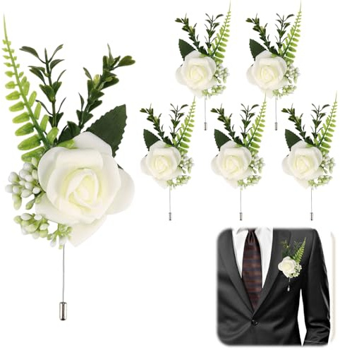 BESSVWELL 6PCS Wedding Rose Boutonniere and Flower Buttonhole White Artificial Corsage for Groom, Men, Bridal Women Suit Dress