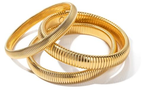 DJADEE Damen Armband Gold Silber 18 Karat vergoldet, Edelstahl, Wasserfest, Hypoallergen, Elastisch, Armreif, Schlangenarmband, 750er Gold, Hochglanzpoliert