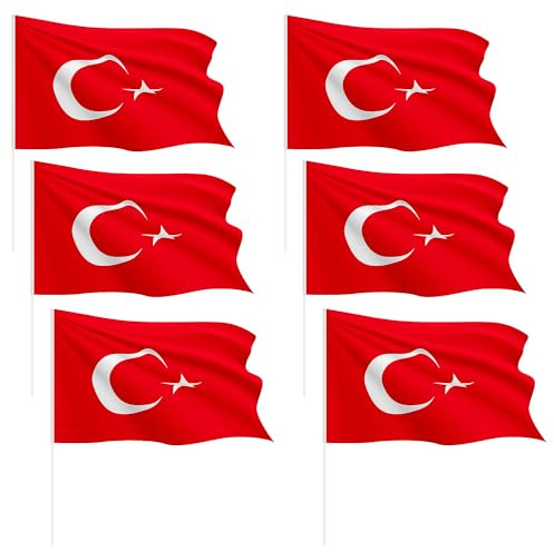 Piersando Türkei 6 Stück Stabfahne Set 30cm x 45cm mit 60cm Kunststoff Stab Stockfahne Handfahne Fahne Fussball EM WM Länderflagge Fanartikel Land Flagge Party Deko Türkiye Bayrak
