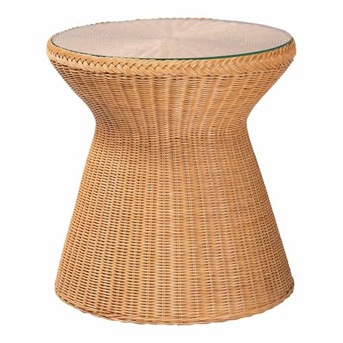Bali & pari Nina Handwoven Rattan Hourglass Side Table with Glass Top – Boho Wicker Accent Table, Natural Fiber Round End Table for Living Room or Patio