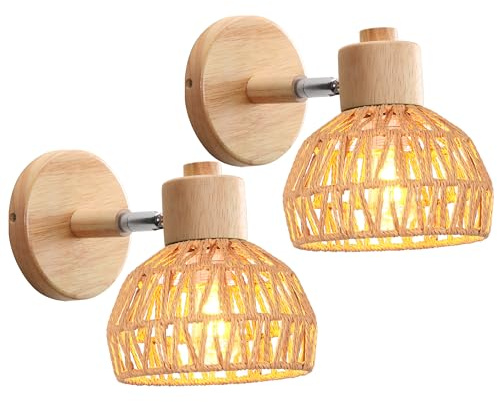 iDEGU 2 Stücke Wandleuchten Innen Retro Wandlampe aus Holz Rattan Halbkreis Lampenschirm Vintage E27 Verstellbare Wandspot Industrie Lampe für Schlafzimmer Wohnzimmer Flur Café (15cm, Braun Rattan)