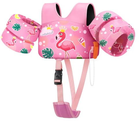 HeySplash Gilet de Flottement de Natation, Gilet de Natation avec Sangle Réglable pour Enfants de 6-15kg, Brassard Apprendre à Nager Flotteur de Piscine avec Sifflet, S, Flamant Rose d'Été