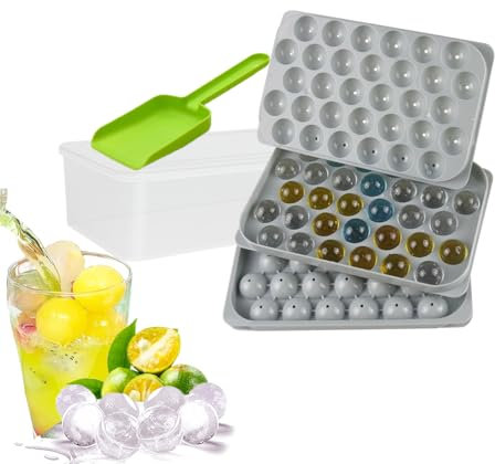Bandeja de cubitos de hielo con tapa y contenedor de almacenamiento de hielo, liberación rápida y fácil de todas las bolas de hielo pequeñas, 2 cubos de hielo redondos de 2 cm para té, café, máquina