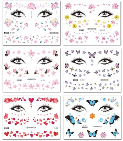 6 Blätter Temporäre Tattoos Blumen Schmetterlinge Fake Tattoos, Makeup Aufkleber Gesicht Tattoo, Schimmer Glitter Makeup Tattoo Aufkleber Stickers für Frauen Teenager Mädchen Gesicht Körperkunst