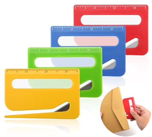 Gosknor 4pz Apribuste, Taglierina per Buste con Scala e Punta Appuntita e Lente di Ingrandimento Taglierina per Carta da Regalo Migliorata Strumento Apri Posta (4 Colori)
