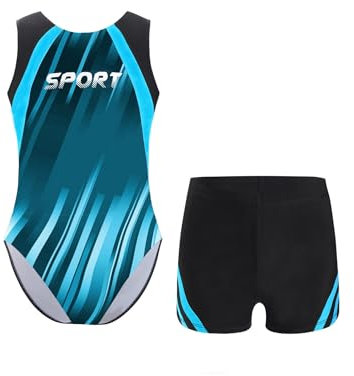 MSemis Kinder Jungen Gymnastik Training Outfit ärmellos Turnanzug Gymnastikbody mit Short Wettbewerb Bekleidungsset Blau Grün 122-128