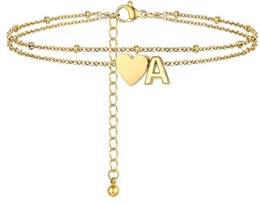PROSTEEL Pulsera Tobillera Mujer Dorado Doble Capas con Corazón Letra Inicial A-Z Pulseras de Tobillo Acero Inoxidable Joyas de Mujer Chica para Verano Playa 22cm+5cm