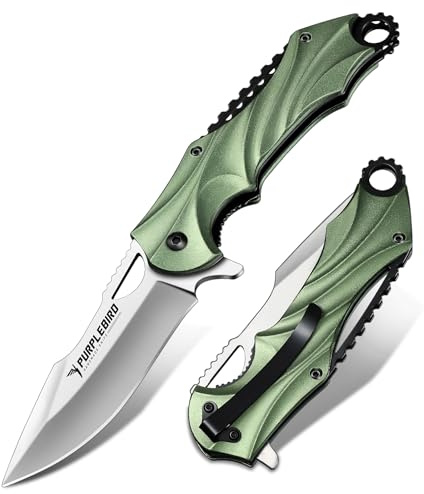 PURPLEBIRD Klappmesser Edelstahl EDC Taschenclip Grün | Hohe Härte, rutschfester Griff, Einhand-Öffnung. Sicherheitsverriegelung. Für Outdoor, Camping & Alltag.