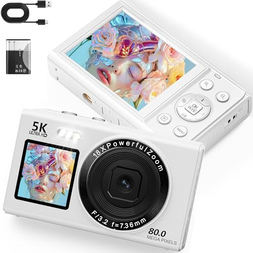 5K 80MP Camara de Fotos con WiFi, Pantalla LCD de 2.4'' y Pantalla para Selfie de 1.5'', Zoom Digital 18X y Tarjeta SD de 32G, Vlogging Cámara Digital Compacta para Adolescentes Principiantes (Blanco)