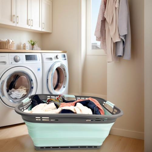 SAMMART 42L Collapsible Plastic Storage Basket - Foldable Pop Up Storage Container/Hamper - Portable Laundry Organizer - Space Saving (Grey/Lake Green, 42L (Style A))