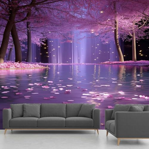 Papier Peint Forêt Enchantée, Papier Peint Panoramique Cascade Fleurs De Cerisier Violet Romantique, Papier Peint Autocollant Intissé Salon Chambre Bureau 315x215 cm Fresque Murale Adhésif