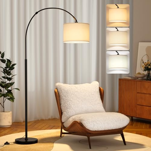 PreeOtti Arc Floor Lamp, Standing Lamp with Remote Control, Modern Floor Lamp for Living Room with Dimmable 3 Color Temperatures, Tall Lamp Corner Lamp for Bedroom Office Dorm Room, Bulb Included
