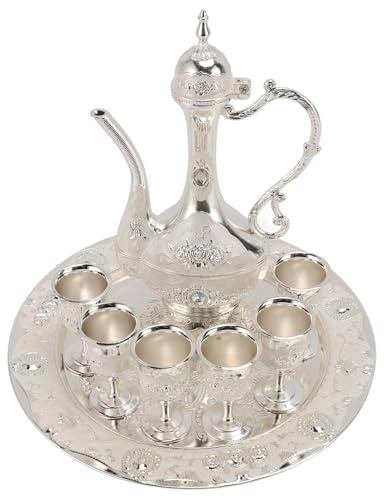 Srliya Turkish Tea Pot Set Vintage Turkish Coffee Pot Set Zinc Alloy Rustproof Colorfast Elegant Turkish Tea Set for Home Party Banquet Wedding (Silver and White)