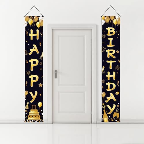 Decoración de Pancarta de Cumpleaños Oro Negro,180cm×30cm Pancarta Feliz Cumpleaños Póster de Tela Cartel,Happy Birthday Pancartas de Puerta Fondo para Niños Niñas Oro Negro,para Hombre y Mujer
