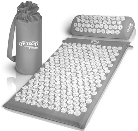 FP-TECH Fitness Tappetino per Agopressione con Cuscino Ergonomico – Set Massaggio Antistress per Schiena e Collo – Cotone Naturale, con Borsa da Trasporto – Relax e Sollievo Dolori (Grigio)