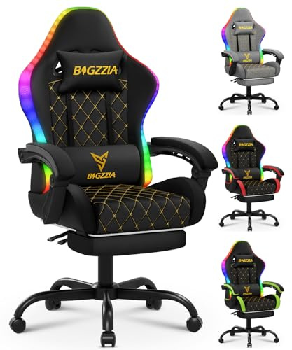 bigzzia Gaming Chair with Lights Computer Game Chair RGB Led, PU Leather Video Game Chair for Adults with Footrest (Black, With RGB chair)