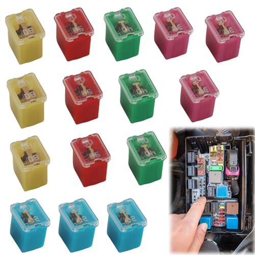 15 PCS 12V-24V Automotive Low Profile Jcase Box Shaped Assorted Fuse Mini Blade Block Fuses for Trucks, Cars, SUVs, Boats, 20A/30A/40A/50A/60A, 3 of Each